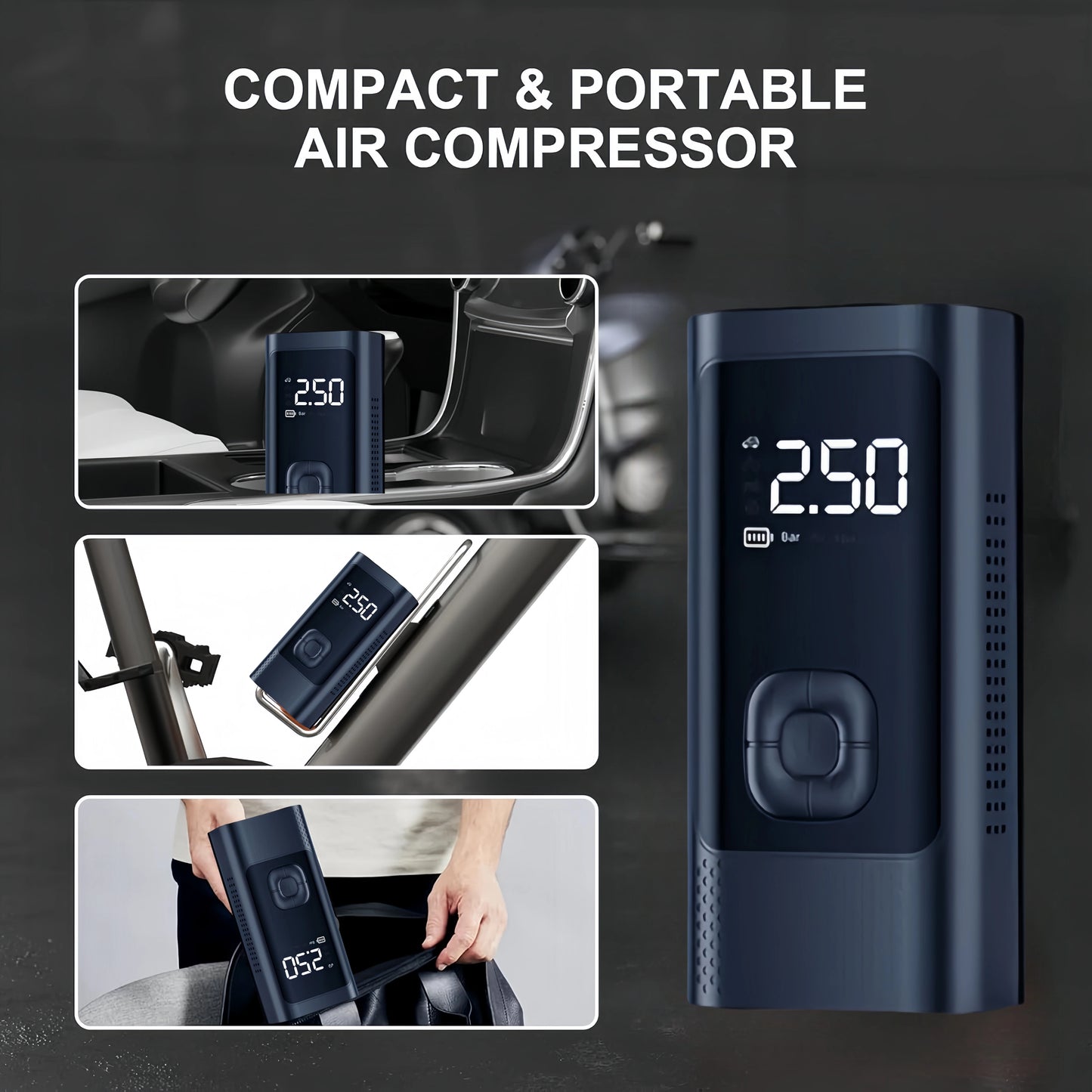 Inflatable Pump Portable Handheld 2 power supply modes and 4 preset air pressures Digital Display Car Motorcycle Tire