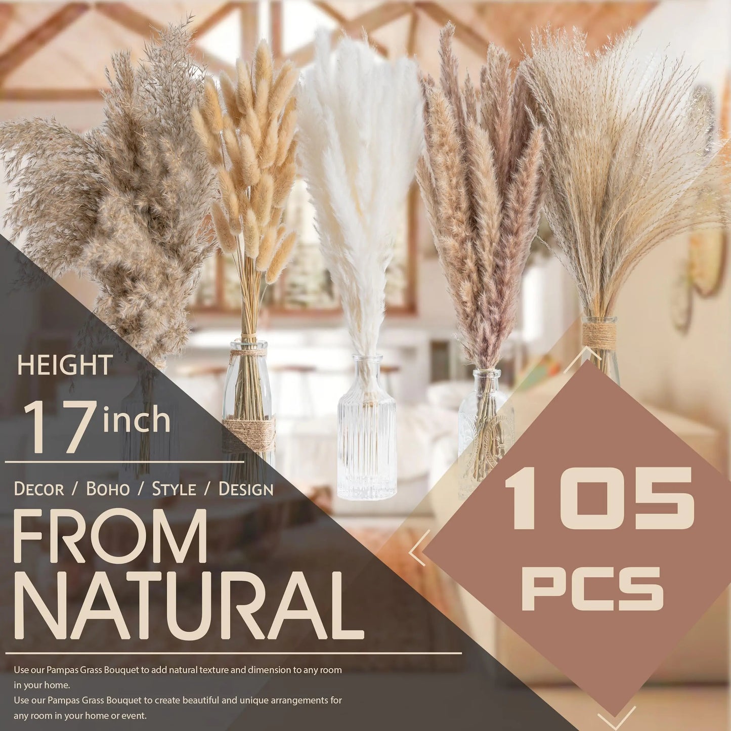 120pcs Fluffy Pampas Bunny Tail Grass Dried Artificial Flowers Bouquet for Bathroom Wall Office Boho Home Wedding Decorations