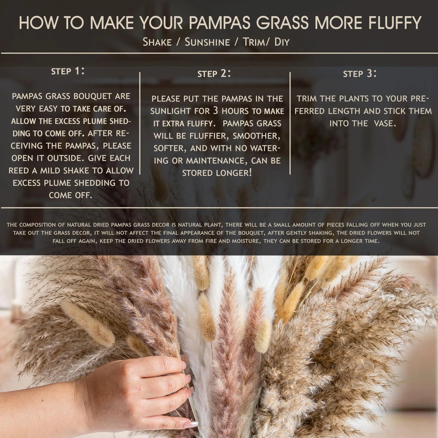 120pcs Fluffy Pampas Bunny Tail Grass Dried Artificial Flowers Bouquet for Bathroom Wall Office Boho Home Wedding Decorations