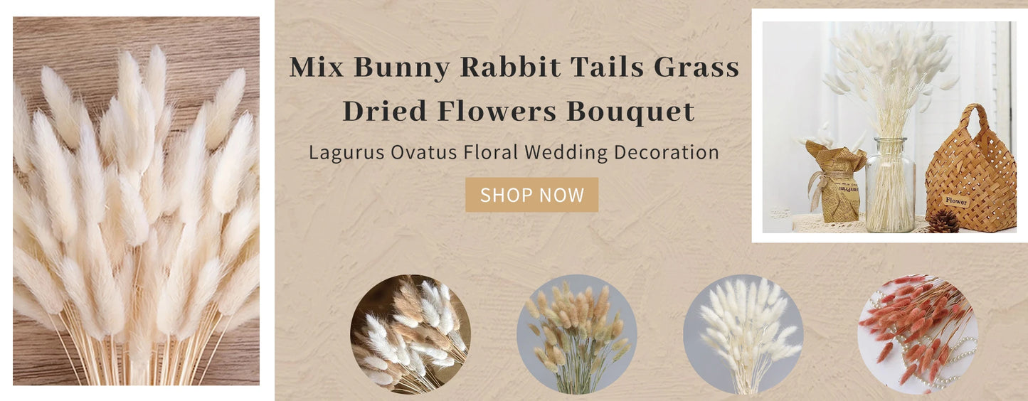 120pcs Fluffy Pampas Bunny Tail Grass Dried Artificial Flowers Bouquet for Bathroom Wall Office Boho Home Wedding Decorations